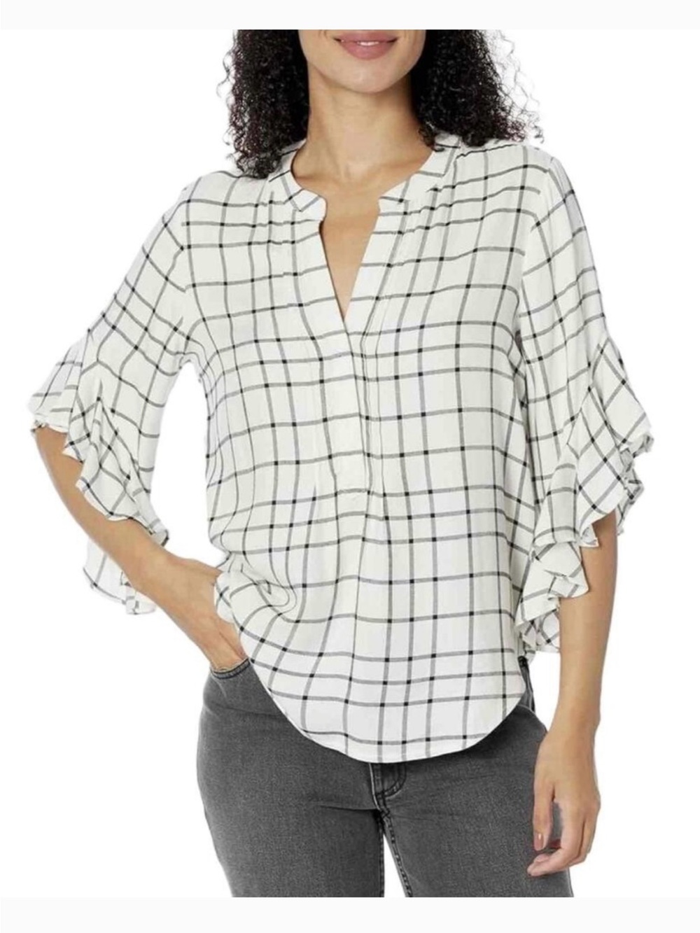 Vince Camuto White Blouse with Black Windowpane Ruffle Sleeves